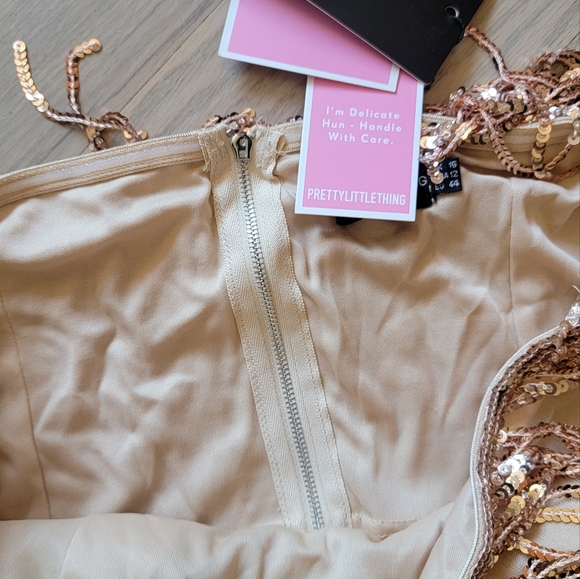 Gold fringe strapless dress sequins pretty little thing size large 12 - Picture 5 of 5